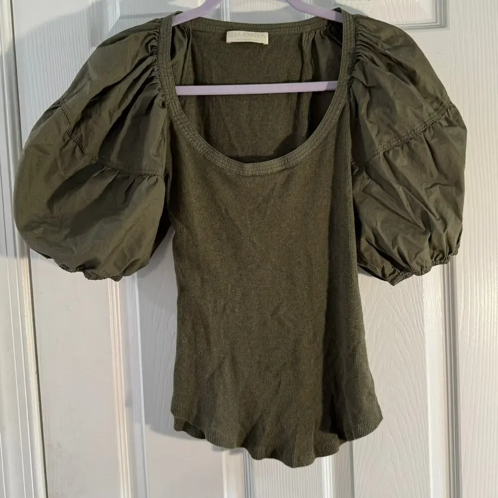 Ulla Johnson Womens M Olive Green Puff Sleeve Cotton Ribbed Top SS 2022
